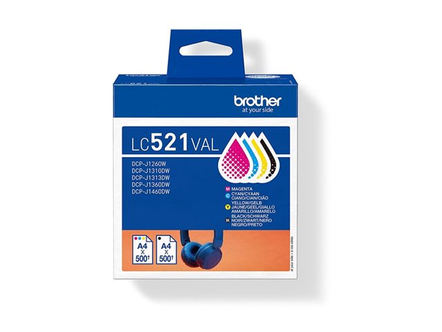 Brother LC521 Value Pack - 4-pack - black, yellow, cyan, magenta - original - hanging box - ink cartridge - for Brother DCP-J1260W, DCP-J1310DW