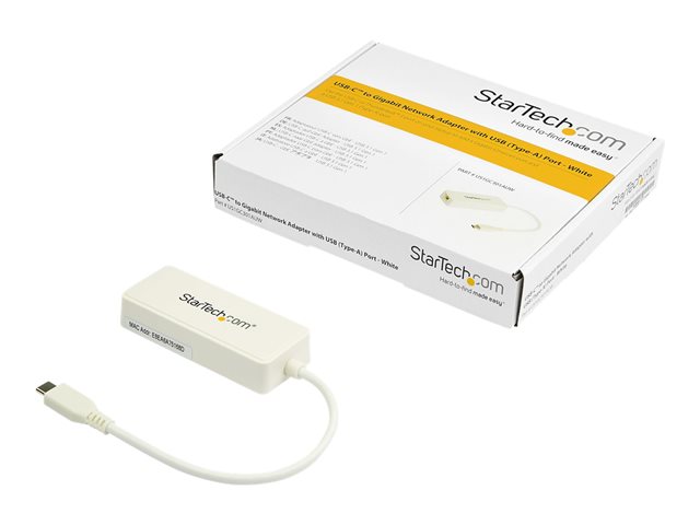 StarTech.com USB C to Gigabit Ethernet Adapter with USB A Port, White 1Gbps NIC USB 3.0/USB 3.1 Type C Network Adapter, 1GbE USB-C RJ45/LAN TB3 Compatible Windows MacBook Pro Chromebook - USB C to Ethernet (US1GC301AUW) - Network adapter - USB-C - Gigabit Ethernet + USB 3.1 Gen 2 - white