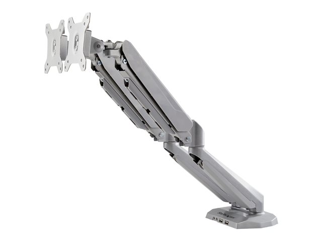 StarTech.com Desk Mount Dual Monitor Arm with USB & Audio, Grommet/Desk Clamp VESA Mount for up to 32 inch Displays, 2x USB, 2x 3.5mm audio, Ergonomic Full Motion Dual Monitor Arm, Silver - One-touch Adjustment (ARMSLIMDUOS) - Mounting kit - adjustable arm - for 2 monitors - aluminium - black - screen size: 15\"-32\" - desk-mountable