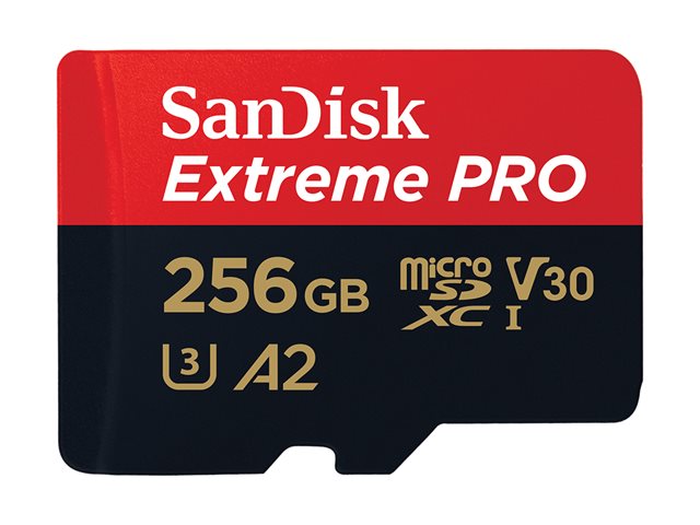 SanDisk Extreme Pro - Flash memory card (microSDXC to SD adapter included) - 256 GB - A2 / Video Class V30 / UHS-I U3 / Class10 - microSDXC UHS-I