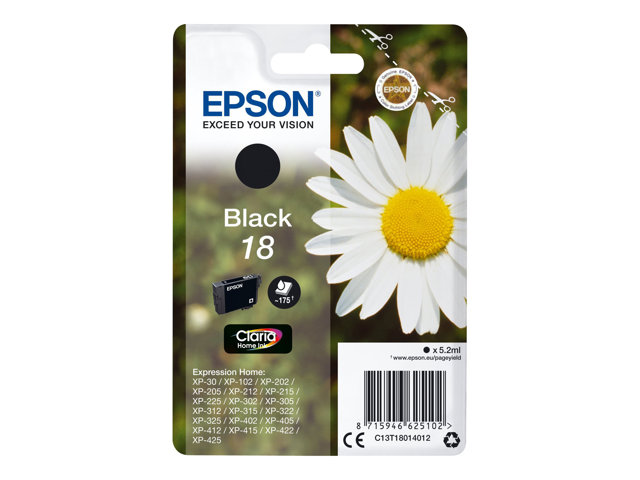 Epson 18 - 5.2 ml - black - original - ink cartridge - for Expression Home XP-212, 215, 225, 312, 315, 322, 325, 412, 415, 422, 425