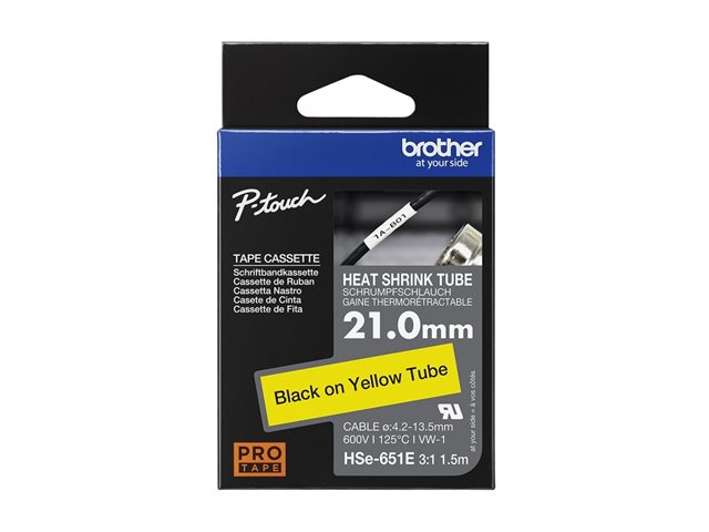 Brother HSE-651E - Black on yellow - Roll (2.1 cm x 1.5 m) 1 cassette(s) hanging box - heat shrink tube tape - for P-Touch PT-D800W, PT-E550WVP, PT-P700, PT-P750W, PT-P900W, PT-P950NW