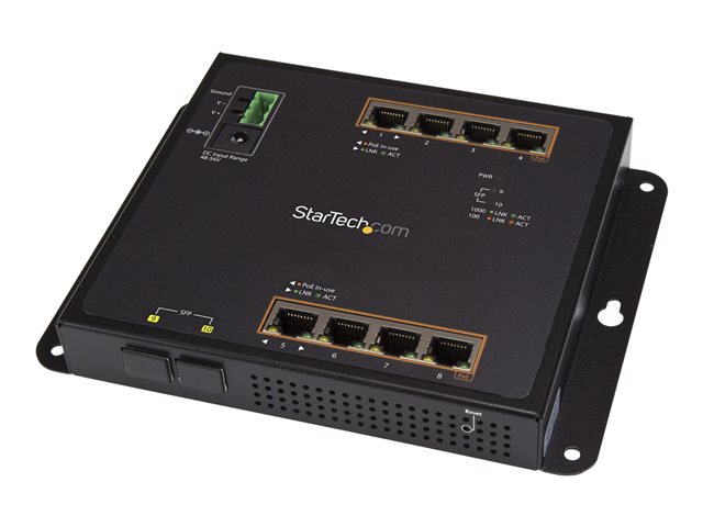 StarTech.com Industrial 8 Port Gigabit PoE+ Switch with 2 SFP MSA Slots, 30W, Layer/L2 Switch Hardened GbE Managed, Rugged High Power Gigabit Ethernet Network Switch IP-30/-40 C to 75 C - Managed Network Switch (IES101GP2SFW) - Switch - Managed - 8 x 10/100/1000 (PoE+) + 2 x SFP - wall-mountable, DIN rail mountable - PoE+ (200 W) - for P/N: GLCLHSMDSTTA, GLCSXMMDST, GLCSXMMDSTT, GLCTEST, MASFP1GBTXST, SFP1GELXST