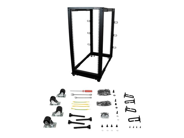 StarTech.com 25U 19\" Open Frame Server Rack, 4 Post Adjustable Depth 22-40\" Mobile, Free Standing Rolling Network/Computer Equipment Data Rack, Dell PowerEdge, HP ProLiant ThinkServer - Adjustable Server Rack (4POSTRACK25U) - Rack open frame - black - 25U - for P/N: CABSCREWM5B, CABSCREWSM5, CABSCREWSM5B, CABSCREWSM62, CABSCREWSM6B, CABSCRWS1224