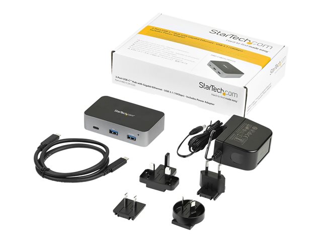 StarTech.com 3 Port USB C 3.1 Gen 2 Hub with Ethernet Adapter, 10Gbps USB Type C to 2x USB-A & 1x USB-C Ports, USB Hub w/ BC 1.2 Phone Fast Charging, Superspeed 10Gbps USB C Hub with GbE - Windows/macOS/Linux - Hub - 1 x USB-C + 2 x USB 3.1 + 1 x 10/100/1000 - desktop - AC 110/240 V - for P/N: PEXUSB321C