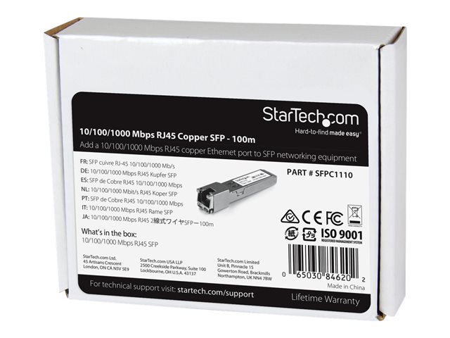 StarTech.com Cisco SFP-GE-T Compatible SFP Module, 1000BASE-T, SFP to RJ45 Cat6/Cat5e, 10/100/1000 Mbps, RJ-45 (Copper) 100m, Cisco IE3400, IE3300, IE3200, 1000MbE Mini GBIC Transceiver - Lifetime Warranty (SFPC1110) - SFP (mini-GBIC) transceiver module - 1GbE - 1000Base-TX - RJ-45 - up to 100 m - for P/N: MCM1110SFP