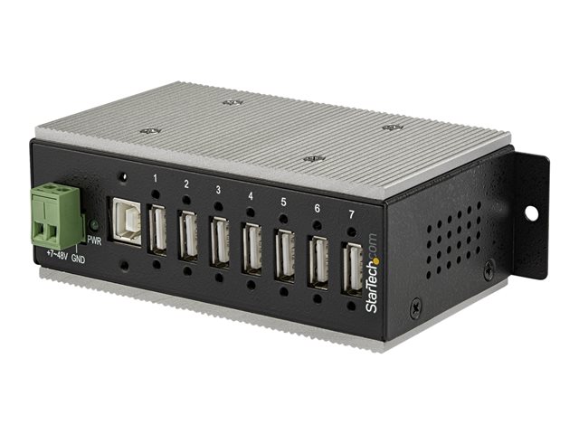 StarTech.com 7 Port USB 2.0 Hub, Metal Industrial USB-A Hub (7x USB-A) with ESD & Surge Protection, Extended Operating Temp -40 to 185°F, Din Rail/Wall/Desk Mountable, USB Expander, Rugged - Windows/macOS/Linux (HB20A7AME) - Hub - 7 x USB 2.0 - DIN rail mountable - DC power - TAA Compliant - for P/N: ITB20D3250