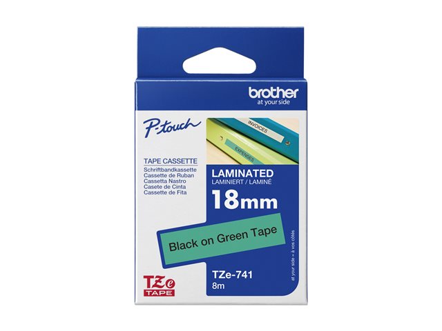 Brother TZe-741 - Self-adhesive - black on green - Roll (1.8 cm x 8 m) 1 cassette(s) laminated tape - for Brother PT-P750, P950, P-Touch PT-3600, D800, E310, P900, P950, P-Touch Cube Plus PT-P710