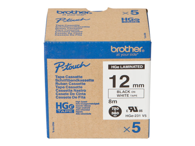 Brother HGE-231V5 - Black on white - Roll (1.2 cm x 8 m) 5 cassette(s) laminated tape - for P-Touch PT-9500pc, PT-9700PC, PT-9800PCN, P-Touch R RL-700S