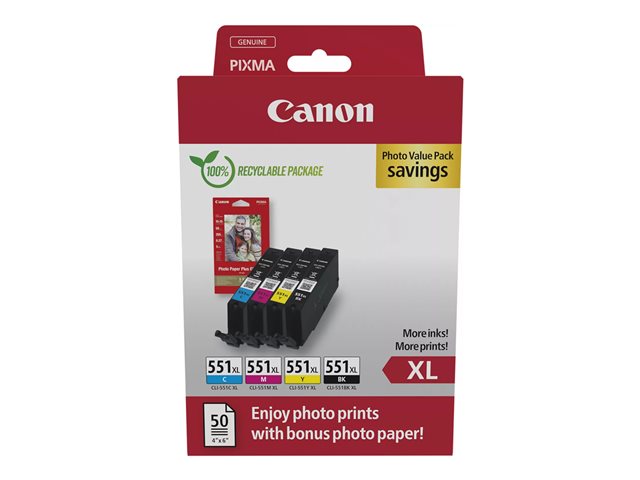 Canon CLI-551XL C/M/Y/BK Photo Value Pack - 4-pack - 11 ml - XL - yellow, cyan, magenta, black - original - box - ink tank / paper kit - for MAXIFY MG6650, PIXMA iP8750, iX6850, MG5550, MG5650, MG6650, MG7550, MX725, PIXUS MG7550