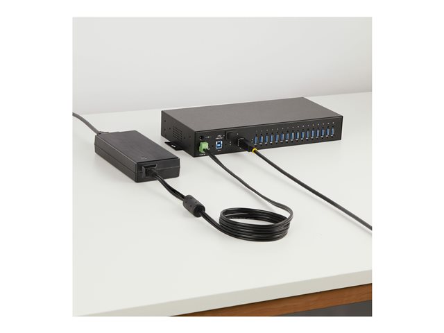 StarTech.com 16-Port Industrial USB 5Gbps Hub with Power Adapter, Metal Enclosure, Mountable, ESD Protection, Terminal Block Power, USB Charging, Dual-Host Switch - TAA - Hub - 16 x USB 3.2 Gen 1 - desktop, rack-mountable, wall-mountable, DIN rail mountable - TAA Compliant