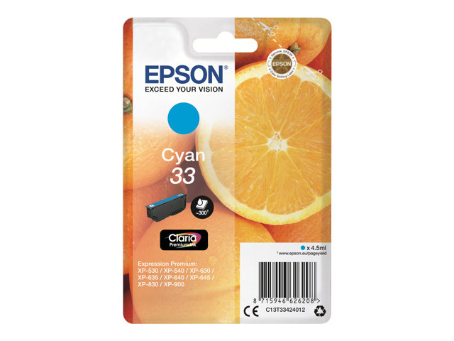 Epson 33 - 4.5 ml - cyan - original - blister - ink cartridge - for Expression Home XP-635, 830, Expression Premium XP-530, 540, 630, 635, 640, 645, 830, 900