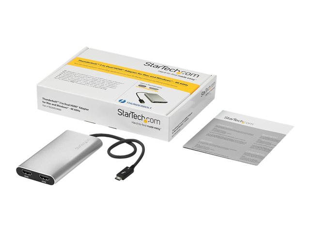 StarTech.com Thunderbolt 3 to Dual HDMI 2.0 Adapter - 4K 60Hz Dual Monitor TB3 HDMI Video Adapter - Thunderbolt 3 Certified -Mac & Windows (TB32HD24K60) - Adapter cable - 24 pin USB-C male to HDMI female - 28.4 m - silver - active, 4K60Hz (4096 x 2160) support - for P/N: TB33A1C