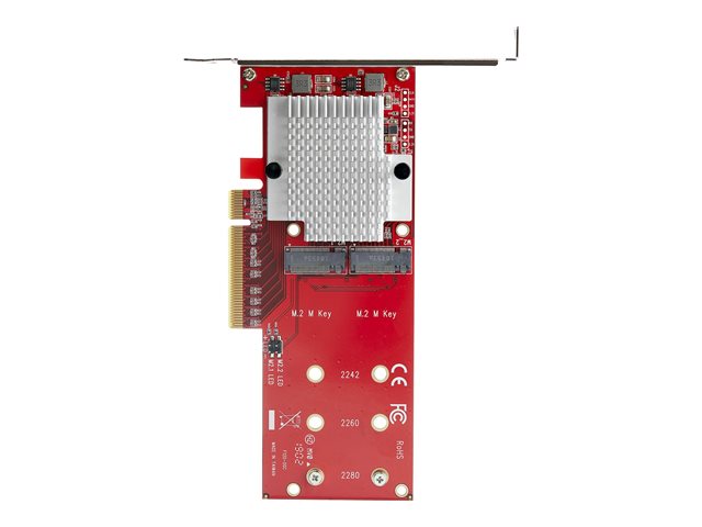 StarTech.com Dual M.2 PCIe SSD Adapter Card, x8 / x16 Dual NVMe or AHCI M.2 SSD to PCI Express 3.0, M.2 NGFF PCIe (M-Key) Compatible, Vented, Supports 2242, 2260, 2280, JBOD, Mac & PC - Full/Low-Profile Brackets (PEX8M2E2) - Interface adapter - M.2 - Expansion Slot to M.2 - M.2 Card - low profile - PCIe 3.0 x8 - red - TAA Compliant