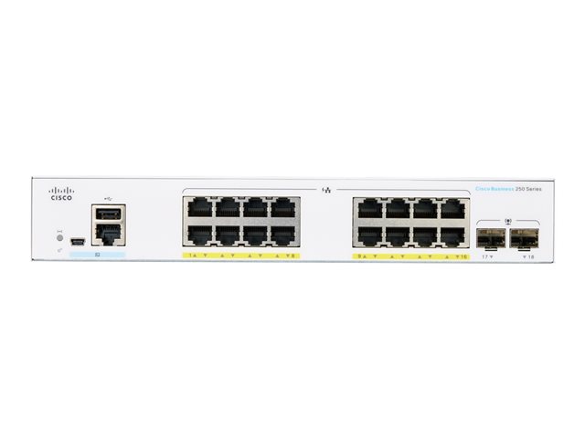 Cisco Business 250 Series CBS250-16P-2G - Switch - L3 - smart - 16 x 10/100/1000 (PoE+) + 2 x Gigabit SFP - rack-mountable - PoE+ (120 W)