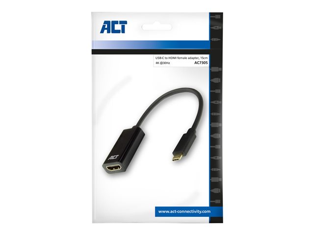 ACT - Videoadapter - 24 pin USB-C male naar HDMI female - 15 cm - beschermd - zwart - ondersteunt 4K30Hz (4096 x 2160), 1920 x 1080 bij 60 Hz-ondersteuning