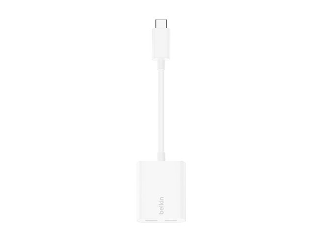 Belkin Connect Audio + Charge - USB-C to USB-C headphone / charging adapter - 24 pin USB-C male to 24 pin USB-C female - 14 m - white - USB Power Delivery (60W)