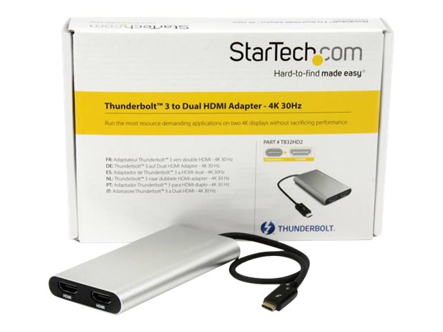 StarTech.com Thunderbolt 3 to Dual HDMI 2.0 Adapter - 4K 60Hz Dual Monitor TB3 HDMI Video Adapter - Thunderbolt 3 Certified -Mac & Windows (TB32HD24K60) - Adapter cable - 24 pin USB-C male to HDMI female - 28.4 m - silver - active, 4K60Hz (4096 x 2160) support - for P/N: TB33A1C