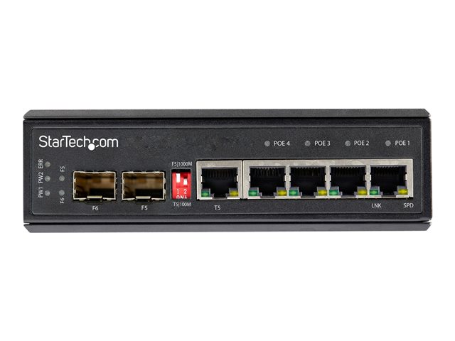 StarTech.com Industrial 6 Port Gigabit Ethernet Switch, 4 PoE RJ45 +2 SFP Slots 30W PoE+ 12-48VDC 10/100/1000 Rugged Power Over Ethernet LAN Switch -40C to 75C, DIN Mountable, Hardened - Fast Ethernet Switch (IES1G52UP12V) - Switch - 1 x 10/100/1000 + 4 x 10/100/1000 (PoE+) + 2 x SFP - DIN rail mountable - PoE+ (120 W) - DC power