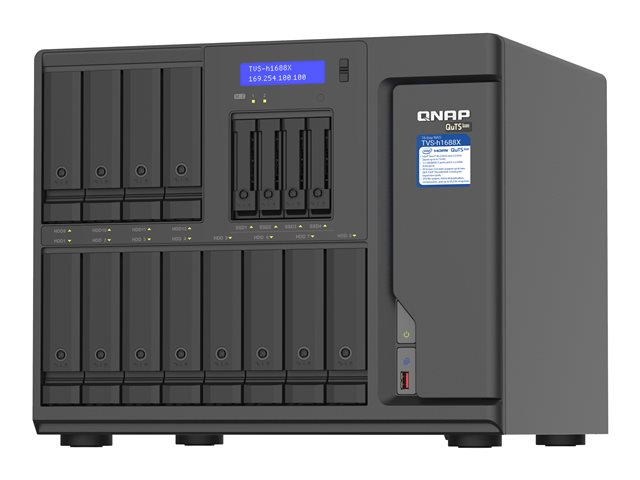 QNAP TVS-H1688X - NAS server - 16 bays - SATA 6Gb/s - RAID RAID 0, 1, 5, 6, 10, 50, JBOD, 5 hot spare, 6 hot spare, 60, 10 hot spare, RAID TP - RAM 32 GB - Gigabit Ethernet / 2.5 Gigabit Ethernet / 10 Gigabit Ethernet - iSCSI support