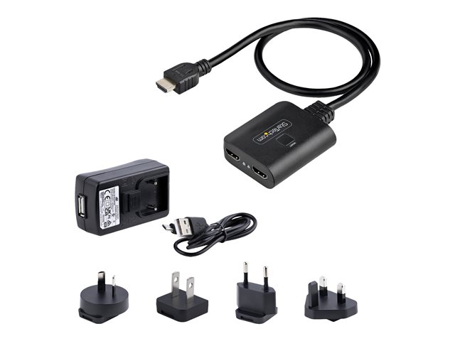 StarTech.com 2-Port HDMI Splitter, 4K 60Hz HDMI 2.0 Video, 4K HDMI Splitter 1 In 2 Out, 1x2 HDMI Display/Output Splitter, HDR/HDCP - 20in (50cm) Built-in HDMI Cable, Powered via USB or Included Power Supply (HDMI-SPLITTER-4K60UP) - Video/audio splitter - desktop
