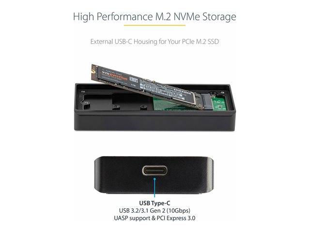 StarTech.com USB-C 10Gbps M.2 NVMe PCIe SSD Enclosure, Rugged Aluminum External M.2 PCIe M-Key Case IP67 Rated, 1GB/s Read/Write, Supports 2230/2242/2260/2280, TB3 Compatible, Mac/PC - 1.6ft USB-C Cable Incl - Storage enclosure - M.2 - M.2 Card - USB 3.2 (Gen 2) - black - for P/N: PEXUSB321C