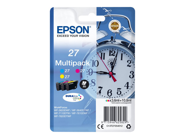 Epson 27 Multi-Pack - 3-pack - 10.8 ml - yellow, cyan, magenta - original - ink cartridge - for WorkForce WF-3620, WF-3640, WF-7110, WF-7210, WF-7610, WF-7620, WF-7710, WF-7715, WF-7720