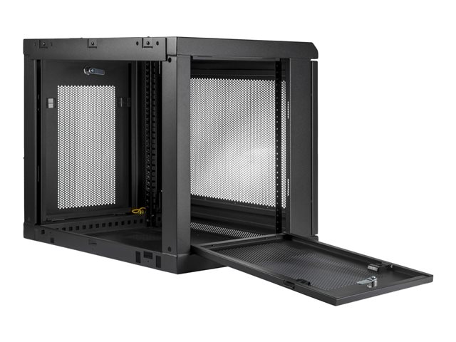 StarTech.com 2 Post 9U 19\" Wall Mount Network Cabinet, Adjustable Depth 6-15\" Locking IT Switch Depth Enclosure, Vented Computer/Electronics Equipment Data Rack w/ Shelf + Hook & Loop Tape - 19 Inch Wall Cabinet (RK9WALM) - Rack enclosure cabinet - wall mountable - black - 9U