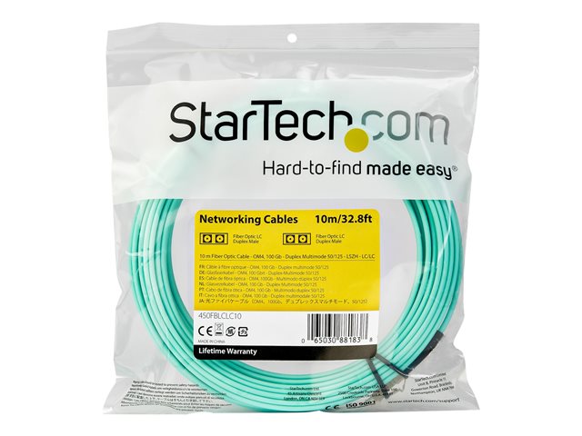 StarTech.com 10 m OM4 LC to LC Multimode Duplex Fiber Optic Patch Cable- Aqua - 50/125 - Fiber Optic Cable - 40/100Gb - LSZH (450FBLCLC10) - Patch cable - LC multi-mode (M) to LC multi-mode (M) - 10 m - fibre optic - duplex - 50 / 125 micron - OM4 - aqua