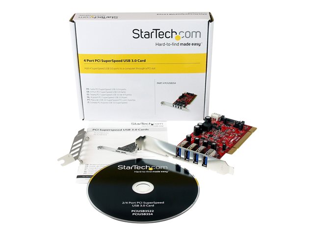 StarTech.com 4 Port PCI SuperSpeed USB 3.0 Adapter Card with SATA/SP4 Power - Quad Port PCI USB 3 Controller Card (PCIUSB3S4) - USB adapter - PCI-X low profile - USB 3.0 x 4 - red - for P/N: HBS304A24A, S3510BMU33, S3510SMU33, UNI251BMU33, USB221SS