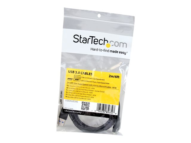 StarTech.com 2m 6ft Slim USB 3.0 A to Micro B Cable M/M - Mobile Charge Sync USB 3.0 Micro B Cable for Smartphones and Tablets (USB3AUB2MS) - USB cable - Micro-USB Type B (M) to USB Type A (M) - USB 3.0 - 2 m - molded - black - for P/N: BNDTBUSB3142, HBS304A24A, PEXUS313AC2V, PEXUSB311A1E, PEXUSB314A2V2, S251BMU3FP