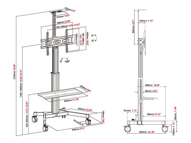 VISION Premium Display Floor Stand - LIFETIME WARRANTY - Aluminium construction - Trolley fits displays 31-80\" with VESA sizes up to 600 x 400 - rotates portrait to landscape - crank handle adjusts height - tilt adjustment - Large shelf for laptop or video bar included - VC shelf included - 100 mm premium all locking wheels - SWL 60 kg - Black