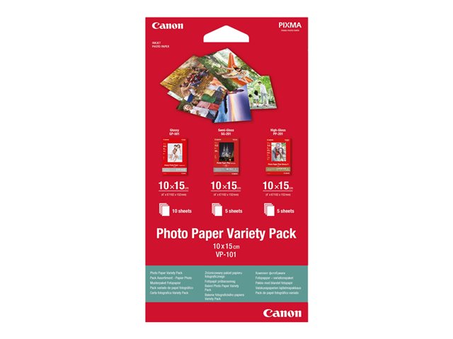 Canon Variety Pack VP-101 - 100 x 150 mm 15 sheet(s) photo paper kit - for PIXMA MG2550, MG3550, MG3650, MG5750, MG5751, MG6450, MG6850, MG7150, MG7750, MG7751