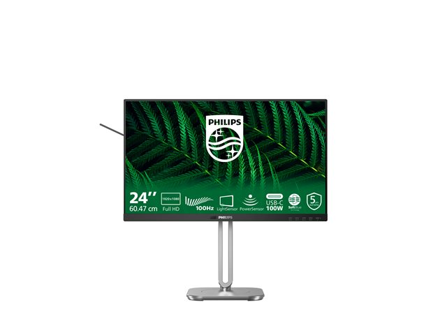 Philips 24B2G5301 - 5000 Series - LED monitor - USB - 24\" - 1920 x 1080 Full HD (1080p) @ 100 Hz - IPS - 1500:1 - HDMI, VGA, DisplayPort, USB-C - speakers - silver, charcoal