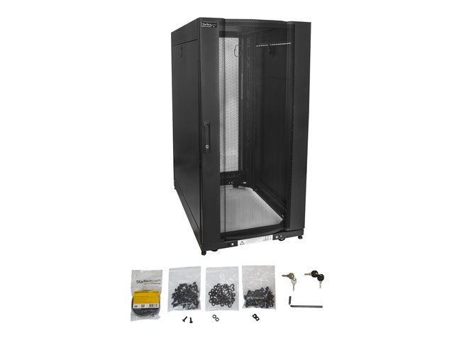 StarTech.com 25U Server Rack Cabinet, 4 Post Adjustable Depth 7\" to 35\" Locking Vented Mobile/Rolling Network/Data/IT Equipment Enclosure w/ Casters/Hook & Loop Dell PowerEdge, HP ProLiant - 25U Rack Cabinet (RK2537BKM) - Rack cabinet - black - 25U - 37\"