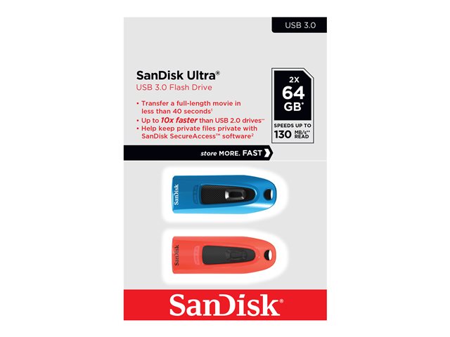SanDisk Ultra - USB flash drive - 64 GB - USB 3.0 - blue, red (pack of 2)