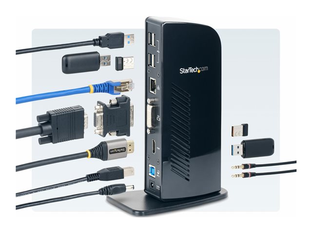 StarTech.com Dual Monitor USB 3.0 Laptop Docking Station with HDMI/DVI/VGA & 6xUSB Ports - Universal USB Dock for Mac & Windows - Black (USB3SDOCKHD) - Docking station - USB - 1GbE - for P/N: ARMBARDUO, ARMBARDUOV, ARMDUAL, ARMDUAL30, ARMDUALV, ARMSLIMDUO, SVA5M4NEUA, TB33A1C