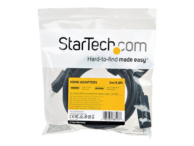 StarTech.com 3m HDMI to DisplayPort Adapter Cable with USB Power - 4K 30Hz Active HDMI to DP 1.2 Converter (HD2DPMM3M) - Video cable - HDMI, USB (power only) male to DisplayPort male - 3 m - black - 4K support, active
