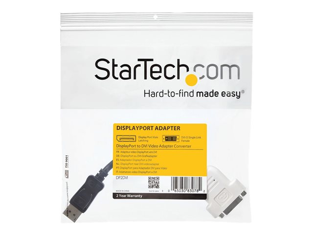 StarTech.com DisplayPort to DVI Adapter - 1920x1200 - Display Port to DVI Dongle - Passive DP to DVI-D Adapter (DP2DVI) - DisplayPort adapter - single link - DisplayPort (M) to DVI-D (F) - 24 cm - latched - for P/N: DK30CH2DEP, DK30CH2DEPUE, MST14DP123DP, TB3DK2DPPDUE, TB3DKDPMAW, TB3DKDPMAWUE