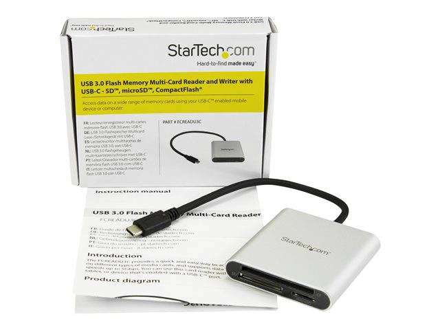StarTech.com USB 3.0 Flash Memory Multi-Card Reader/Writer with USB-C - SD microSD and CompactFlash Card Reader w/ Integrated USB-C Cable (FCREADU3C) - Card reader (CF I, CF II, MMC, SD, microSD, SDHC, microSDHC, SDXC, microSDXC) - USB 3.0