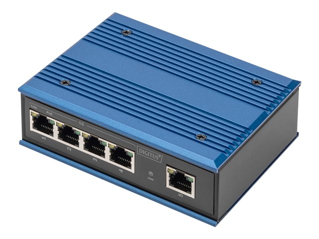 INDUSTRIAL 4-PORT GIGABIT POE SWITCH + 1 UPLINK DIN RAIL EXTENDED TEMP. RANGE