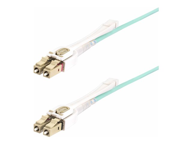 StarTech.com 10m (30ft) LC to LC (UPC) OM4 Multimode Fiber Optic Cable w/Push Pull Tabs, 50/125µm, 100G Networks, Bend Insensitive, Low Insertion Loss - LSZH Fiber Patch Cord (450FBLCLC10PP) - Patch cable - LC/UPC multi-mode (M) to LC/UPC multi-mode (M) - 10 m - 2.9 mm - fibre optic - duplex - 50 / 125 micron - OM3/OM4 - halogen-free, up to 100 Gbps data transfer rate, molded - aqua