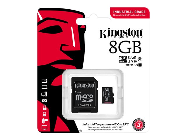 Kingston Industrial - Flash memory card (microSDHC to SD adapter included) - 8 GB - A1 / Video Class V30 / UHS-I U3 / Class10 - microSDHC UHS-I