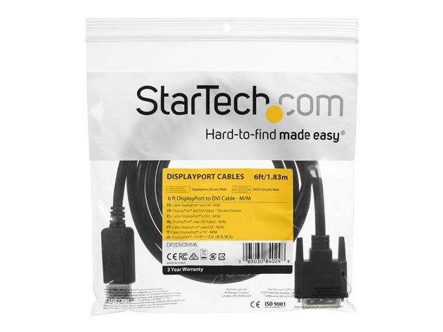 StarTech.com DisplayPort to DVI Cable - 6ft / 2m - 1920 x 1200 - M/M ? DP to DVI Adapter Cable ? Passive DisplayPort Monitor Cable (DP2DVI2MM6) - Adapter cable - DVI-D (M) to DisplayPort (M) - 1.8 m - black