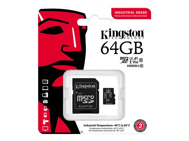 Kingston Industrial - Flash memory card (microSDXC to SD adapter included) - 64 GB - A1 / Video Class V30 / UHS-I U3 / Class10 - microSDXC UHS-I