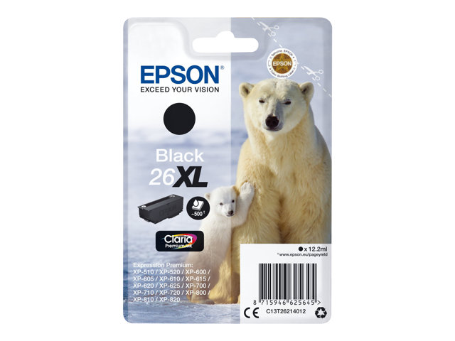 Epson 26XL - 12.2 ml - XL - black - original - blister with RF/acoustic alarm - ink cartridge - for Expression Premium XP-510, 520, 600, 605, 610, 615, 620, 625, 700, 710, 720, 800, 810, 820