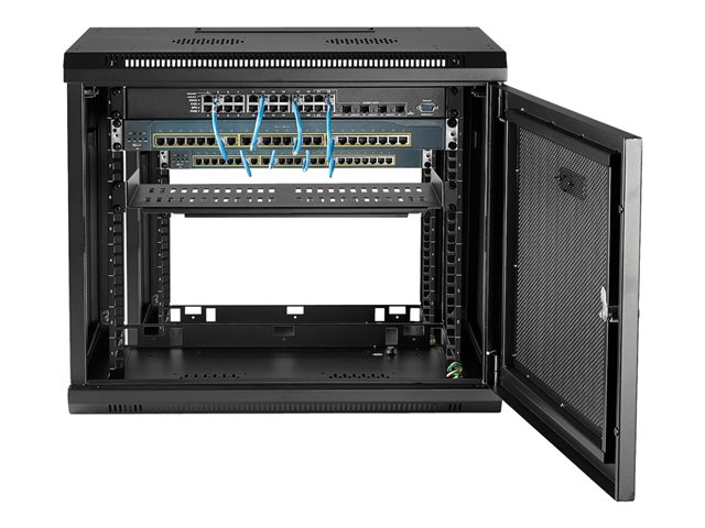 StarTech.com 2 Post 9U 19\" Wall Mount Network Cabinet, Adjustable Depth 6-15\" Locking IT Switch Depth Enclosure, Vented Computer/Electronics Equipment Data Rack w/ Shelf + Hook & Loop Tape - 19 Inch Wall Cabinet (RK9WALM) - Rack enclosure cabinet - wall mountable - black - 9U