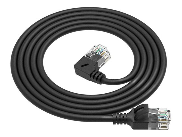 ACT Zwarte 0 5 meter U/UTP CAT6A LSZH Slimline patchkabel met RJ45 connectoren recht naar 90 haaks links