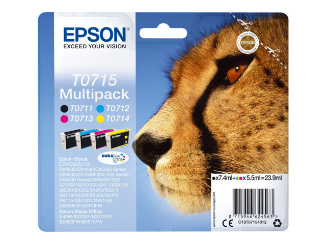 Epson T0715 Multipack - 4-pack - 23.9 ml - black, yellow, cyan, magenta - original - ink cartridge - for Stylus DX9400, SX115, SX210, SX215, SX218, SX415, SX515, SX610, Stylus Office BX310, BX610