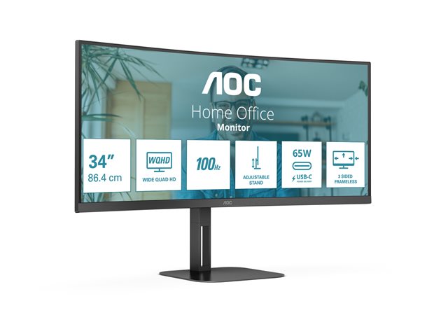 AOC Value-line CU34V5C/BK - V5 series - LED monitor - curved - 34\" - 3440 x 1440 WQHD @ 100 Hz - VA - 300 cd/m² - 3000:1 - 4 ms - HDMI, DisplayPort, USB-C - speakers - matte black
